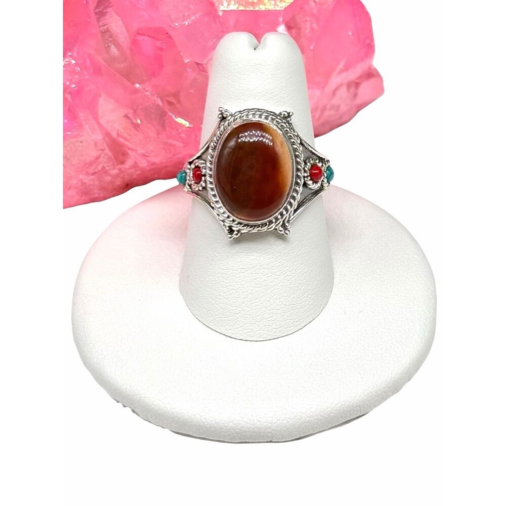 Red Moss Agate Coral & Turquoise Ring Size 7.5 Solid 925 Sterling Silver
